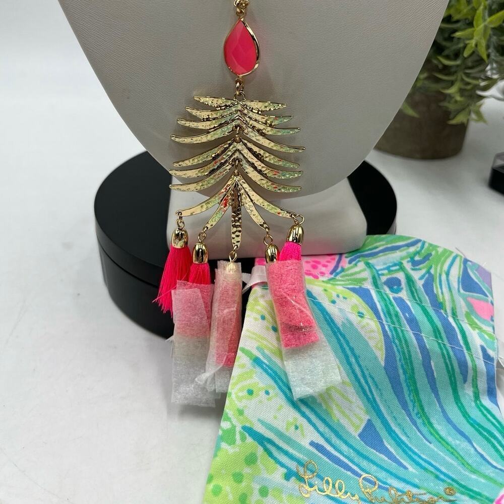 Lilly Pulitzer Jungle Rain Long Necklace (Cockatoo Pink) Tassels New with‎ Pouch